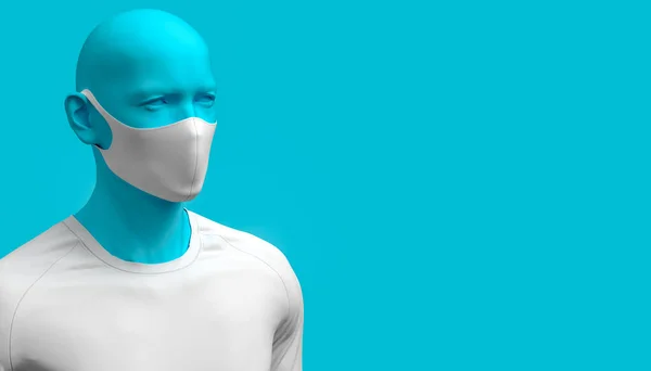 Modayı takip eden, siyah koruyucu maskeli beyaz arka planda duran bir adam. Yüzünde virüs koruma maskesi olan birinin yakın plan fotoğrafı. Sağlık hizmeti afişi 3 boyutlu tasarım.