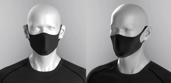 Modayı takip eden, siyah koruyucu maskeli beyaz arka planda duran bir adam. Yüzünde virüs koruma maskesi olan birinin yakın plan fotoğrafı. Sağlık hizmeti afişi 3 boyutlu tasarım.