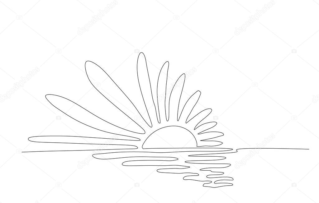 Continuous one line drawing. Sunset on the sea. Vector illustration.