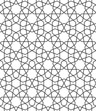 Geleneksel İslami sanat eserine dayanan arka plan pürüzsüz desen. Siyah renk. Kumaş, tekstil, kapak, ambalaj kağıdı, ince çizgiler için harika tasarım..