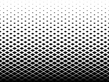 Beyaz arka planda siyah yatay elmasların geometrik deseni. Tek yönde pürüzsüz. Ortadaki görüntü kayboluyor. Boyu 40 haneli. Radyal dönüşüm metodu.