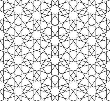 Geleneksel İslami sanat eserine dayanan arka plan pürüzsüz desen. Siyah renk. Kumaş, tekstil, kapak, ambalaj kağıdı, ince çizgiler için harika tasarım..