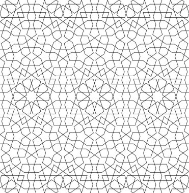 Geleneksel İslami sanat eserine dayanan arka plan pürüzsüz desen. Siyah renk. Kumaş, tekstil, kapak, ambalaj kağıdı, ince çizgiler için harika tasarım..