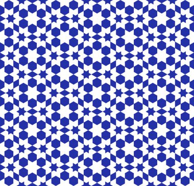 Geleneksel İslami sanata dayanan kusursuz geometrik süs. Mavi ve beyaz. Kumaş, tekstil, kapak, ambalaj kağıdı, arkaplan için harika tasarım.