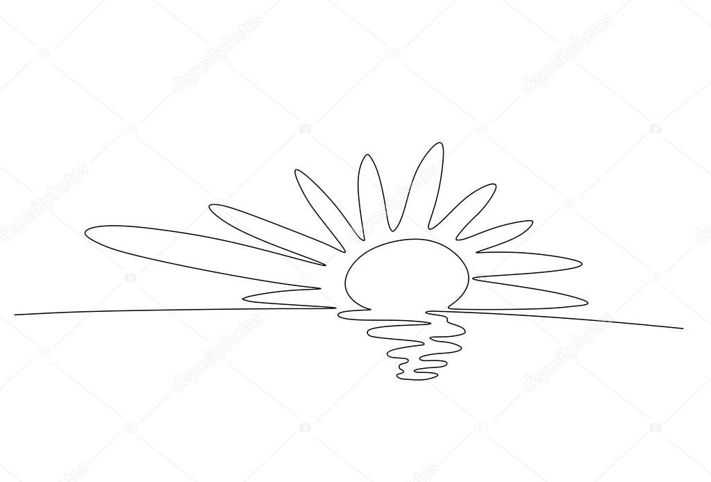 Continuous one line drawing. Sunset on the sea. Vector illustration.