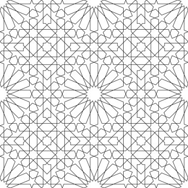 Geleneksel İslami sanat eserine dayanan kusursuz bir arka plan. Siyah renk. Kumaş, tekstil, kapak, ambalaj kağıdı, arkaplan için harika bir tasarım..