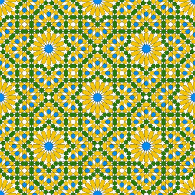 Geleneksel İslami sanata dayanan kusursuz geometrik süs. Kumaş, tekstil, kapak, ambalaj kağıdı, arkaplan. Sarı, mavi, yeşil ve beyaz renkler..