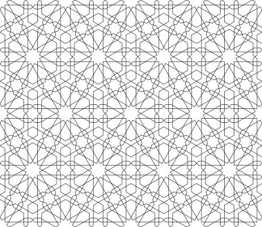 Geleneksel İslami sanat eserine dayanan arka plan pürüzsüz desen. Siyah renk. Kumaş, tekstil, kapak, ambalaj kağıdı, ince çizgiler için harika tasarım..