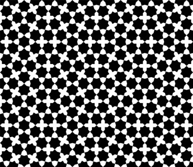 Geleneksel İslami sanata dayanan kusursuz geometrik süs. Siyah ve beyaz. Kumaş, tekstil, kapak, ambalaj kağıdı, arkaplan için harika tasarım.