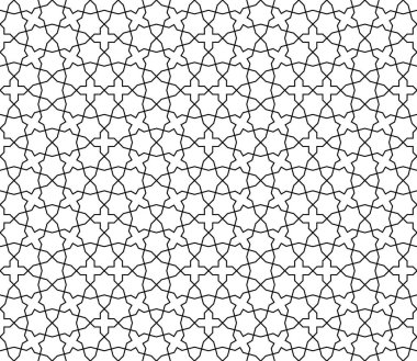 Geleneksel İslami sanata dayalı kusursuz geometrik süsleme. Siyah ve beyaz çizgiler. Kumaş, tekstil, kapak, ambalaj kağıdı, arka plan, lazer kesme çizgileri için harika tasarım..
