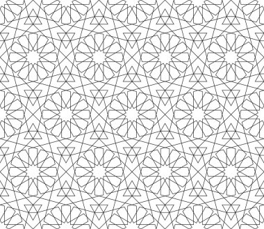 Geleneksel İslami sanat eserine dayanan kusursuz geometrik süsleme. Siyah renkli çizgiler. Kumaş, tekstil, kapak, ambalaj kağıdı ve arka plan için harika tasarım. İnce çizgiler.