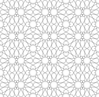 Geleneksel İslami sanat eserine dayanan kusursuz geometrik süsleme. Siyah renkli çizgiler. Kumaş, tekstil, kapak, ambalaj kağıdı ve arka plan için harika tasarım. İnce çizgiler.