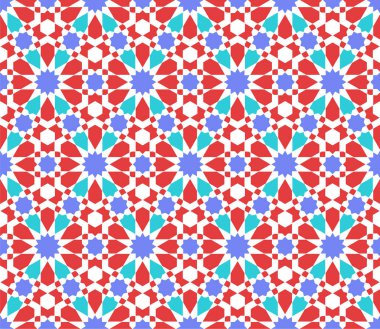 Geleneksel İslami sanat eserine dayanan kusursuz geometrik süs. Kırmızı, mavi ve beyaz renkler. Kumaş, tekstil, kapak, ambalaj kağıdı, arka plan için harika tasarım. İnce çizgiler.
