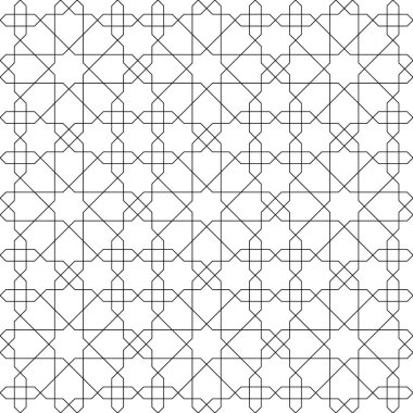 Geleneksel İslami sanata dayanan kusursuz geometrik süs. Beyaz arka planda siyah çizgiler. Kumaş, tekstil, kapak, ambalaj kağıdı, arka plan için harika bir tasarım. İnce çizgiler.
