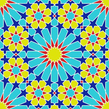 Geleneksel İslami sanata dayanan kusursuz geometrik süs. Kumaş, tekstil, kapak, ambalaj kağıdı, arkaplan için harika tasarım. Sarı, mavi, kırmızı ve beyaz renkler..