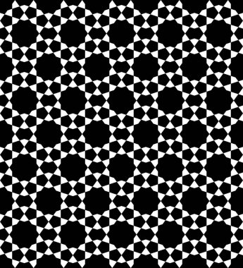 Geleneksel İslami sanata dayanan kusursuz geometrik süs. Siyah ve beyaz. Kumaş, tekstil, kapak, ambalaj kağıdı, arkaplan için harika tasarım.