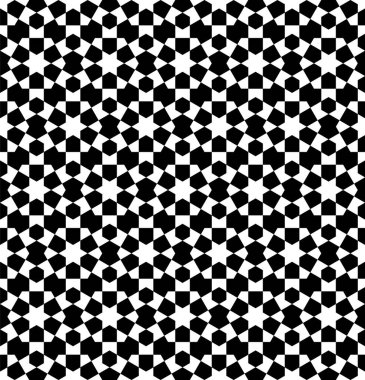 Geleneksel İslami sanata dayanan kusursuz geometrik süs. Siyah ve beyaz. Kumaş, tekstil, kapak, ambalaj kağıdı, arkaplan için harika tasarım.