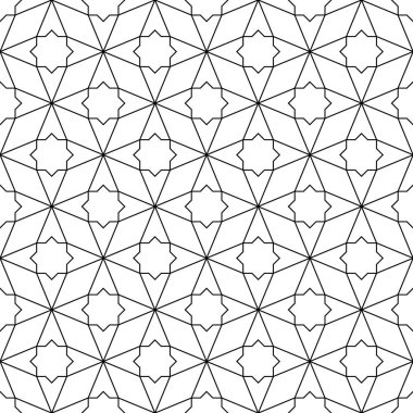 Geleneksel İslami sanata dayalı kusursuz geometrik süsleme. Siyah renk çizgileri. Kumaş, tekstil, kapak, ambalaj kağıdı, arka plan için harika tasarım..