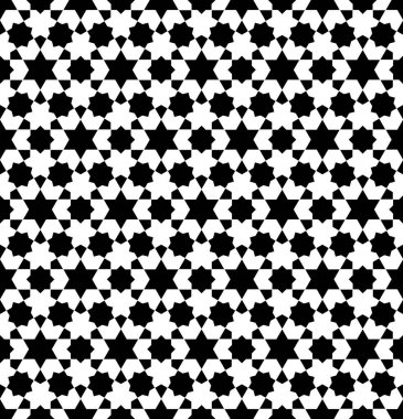 Geleneksel İslami sanata dayanan kusursuz geometrik süs. Siyah ve beyaz. Kumaş, tekstil, kapak, ambalaj kağıdı, arkaplan için harika tasarım.