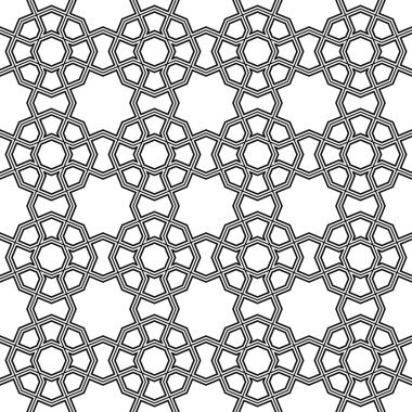 Geleneksel İslami sanata dayalı kusursuz geometrik süsleme. Siyah renk çift çizgiler. Kumaş, tekstil, kapak, ambalaj kağıdı, arka plan için harika tasarım..