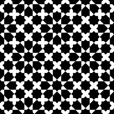 Geleneksel İslami sanata dayanan kusursuz geometrik süs. Siyah ve beyaz. Kumaş, tekstil, kapak, ambalaj kağıdı, arkaplan için harika tasarım.