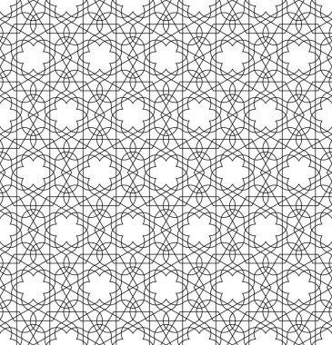Geleneksel İslami sanata dayanan kusursuz geometrik süs. Kumaş, tekstil, kapak, ambalaj kağıdı ve arka plan için harika tasarım. İnce çizgiler..