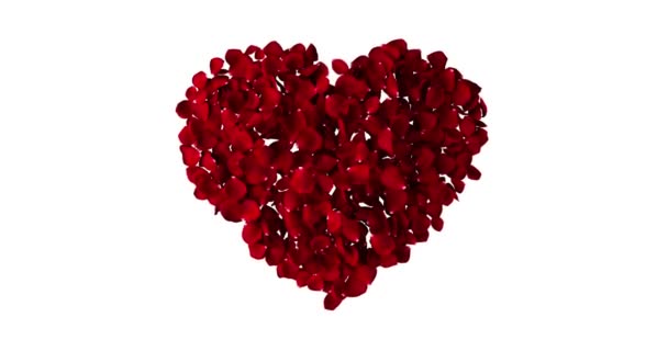 rotes Herz aus Rosenblättern, die mit Wirbel auf weißem Hintergrund fliegen, Liebe und Valentinstag-Konzept