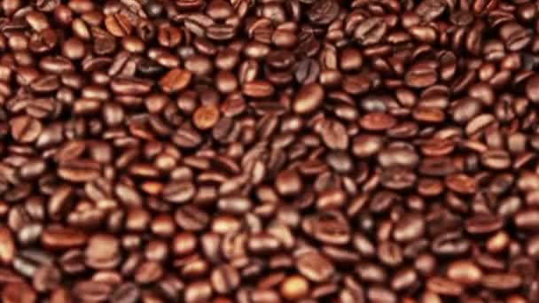 Parte superiore della vista della consistenza dei chicchi di caffè torrefatto con iniziale fuori fuoco — Video Stock