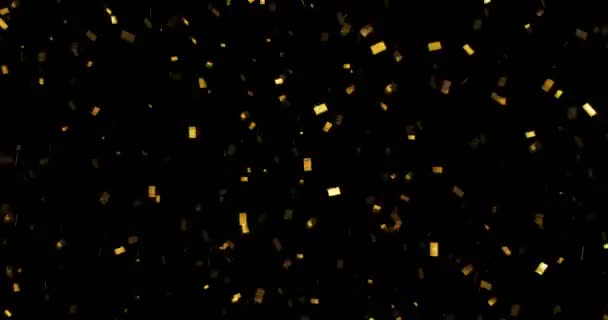 Vallende gouden glitter folie confetti, 3D-beweging van de animatie op zwarte achtergrond — Stockvideo