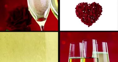 flüt ile kırmızı yaprakları gül kırmızı bokeh arka plan, sevgi ve Sevgililer gününde uçan baloncuklar ile dökme, içki ve yakın çekim şampanyayla Multiscreen sahne
