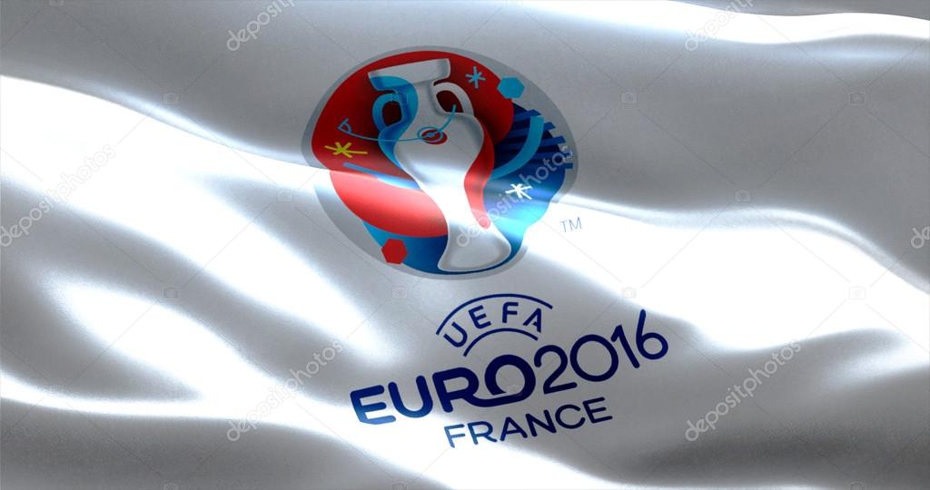 Official logo of the euro 2016 UEFA European Championship in France, flag waving in the wind