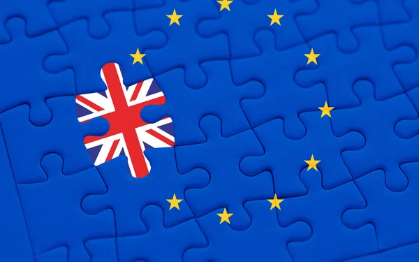 Brexit blue european union EU flag puzzle with puzzle piece with great britain flag — стоковое фото