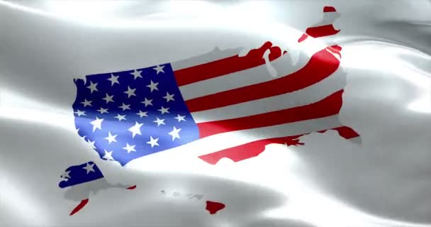 Zbliżenie z Usa amerykański macha flagą na mapę Stanów Zjednoczonych, gwiazdy i paski — Wideo stockowe