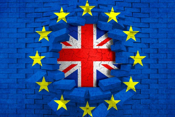 Brexit blå Europeiska unionen Eu-flaggan på trasiga tegelvägg med hål och Storbritannien flagga inne — Stockfoto