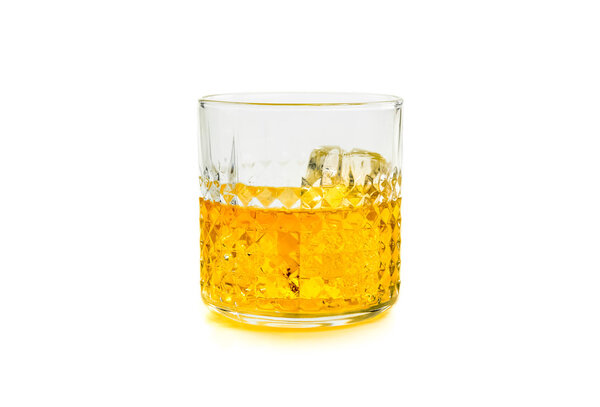 whiskey in glass with ice on white background