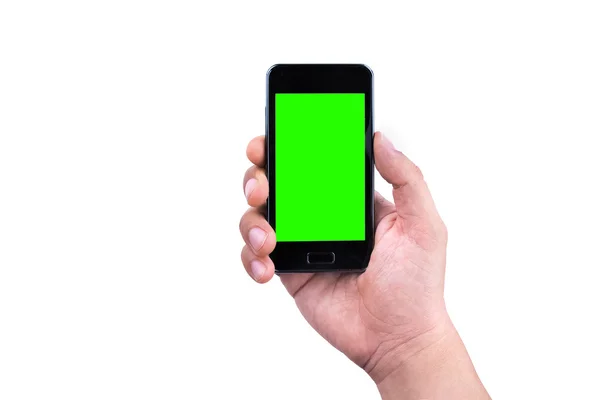 Chroma anahtar yeşil ekran ile mobil akıllı telefon beyaz arka plan üzerinde tutan adamın elini — Stok fotoğraf