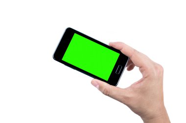 chroma anahtar yeşil ekran ile mobil akıllı telefon beyaz arka plan üzerinde tutan adamın elini