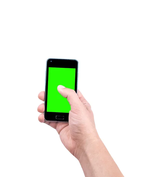 Adamın elini chroma anahtar yeşil ekran ile mobil akıllı telefon kullanma — Stok fotoğraf
