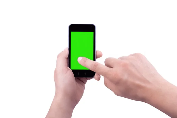 Hand van de mens gebruik mobiele smartphone met chroma key groen scherm — Stockfoto