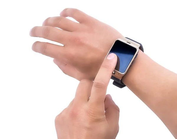 Gros plan de l'homme en utilisant l'application smartwatch avec doigt — Photo