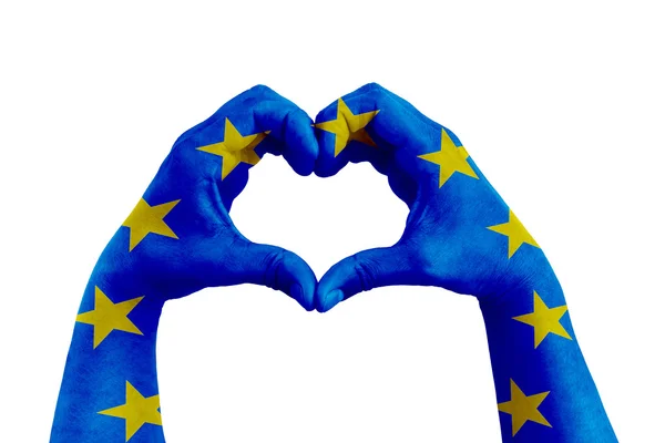 Oren por Europa, manos de hombre en forma de corazón con la bandera de Europa sobre el fondo blanco —  Fotos de Stock