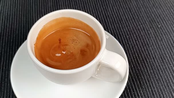 Σταγόνα καφέ που πέφτει σε εξαιρετικά αργή κίνηση μέσα στο φλιτζάνι του καφέ εσπρέσο ιταλικό με αφρό σε μαύρο φόντο, φαγητό και ποτό — Αρχείο Βίντεο