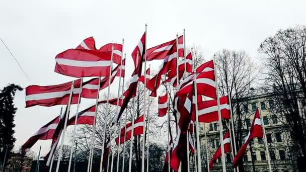 Banderas de Letonia unidas a un poste ondeando en el viento, el horizonte de Riga, Letonia, concepto de — Vídeo de stock