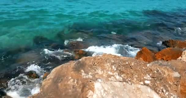 Puncak pandangan tropis Karibia pantai hijau dan biru laut dengan pasir emas dan batu, liburan, gerakan laut lambat santai dan — Stok Video