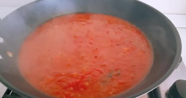 油炸番茄酱准备加入意大利面 营养概念 — 图库视频影像