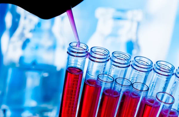 Zkumavek se pipetou na červenou tekutinu v laboratoři — Stock fotografie