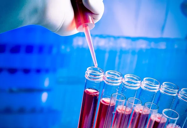 Mano con pipetta su provette con liquido rosso in laboratorio — Foto Stock