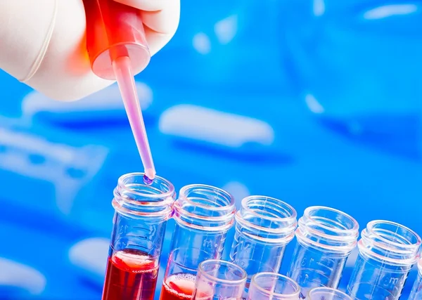 Mão com pipeta em tubos de ensaio com líquido vermelho em laboratório — Fotografia de Stock