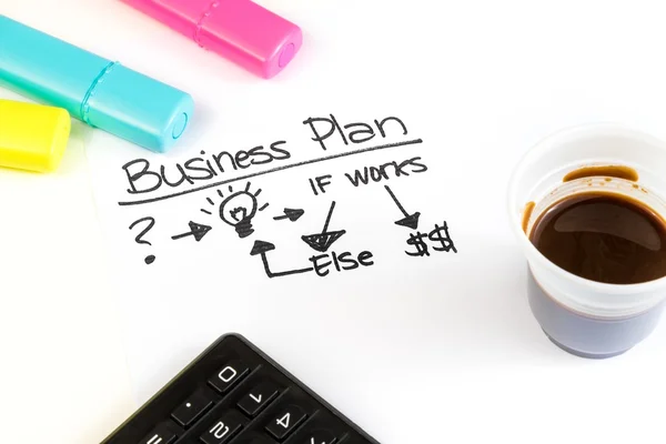 Biznes plan słowa w pobliżu wyróżnienia, kalkulator i filiżankę kawy, koncepcja biznesowa — Zdjęcie stockowe