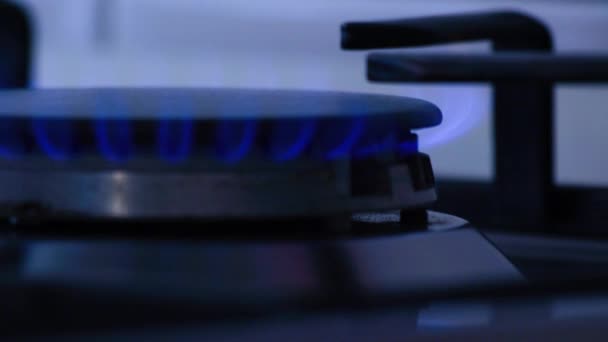 Inflamación de gas natural en quemador de estufa, vista de gas metano en la cocina — Vídeo de stock